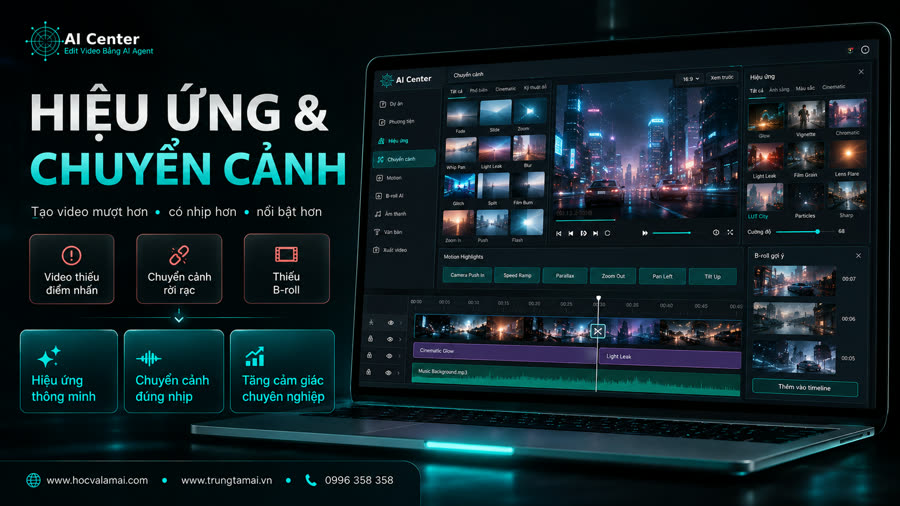 Giao diện hiệu ứng và chuyển cảnh: thư viện hiệu ứng, khung xem trước và gợi ý B-roll