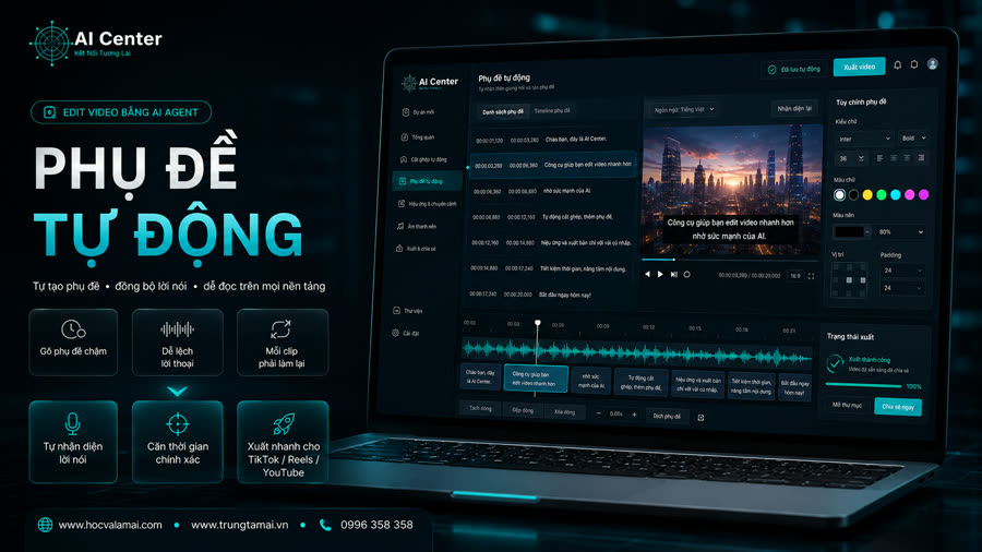 Giao diện phụ đề tự động: danh sách phụ đề theo mốc thời gian, khung xem trước và tùy chỉnh kiểu chữ