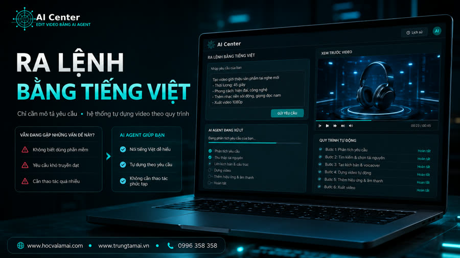 Giao diện ra lệnh bằng tiếng Việt: ô nhập yêu cầu, tiến trình xử lý và quy trình tự động